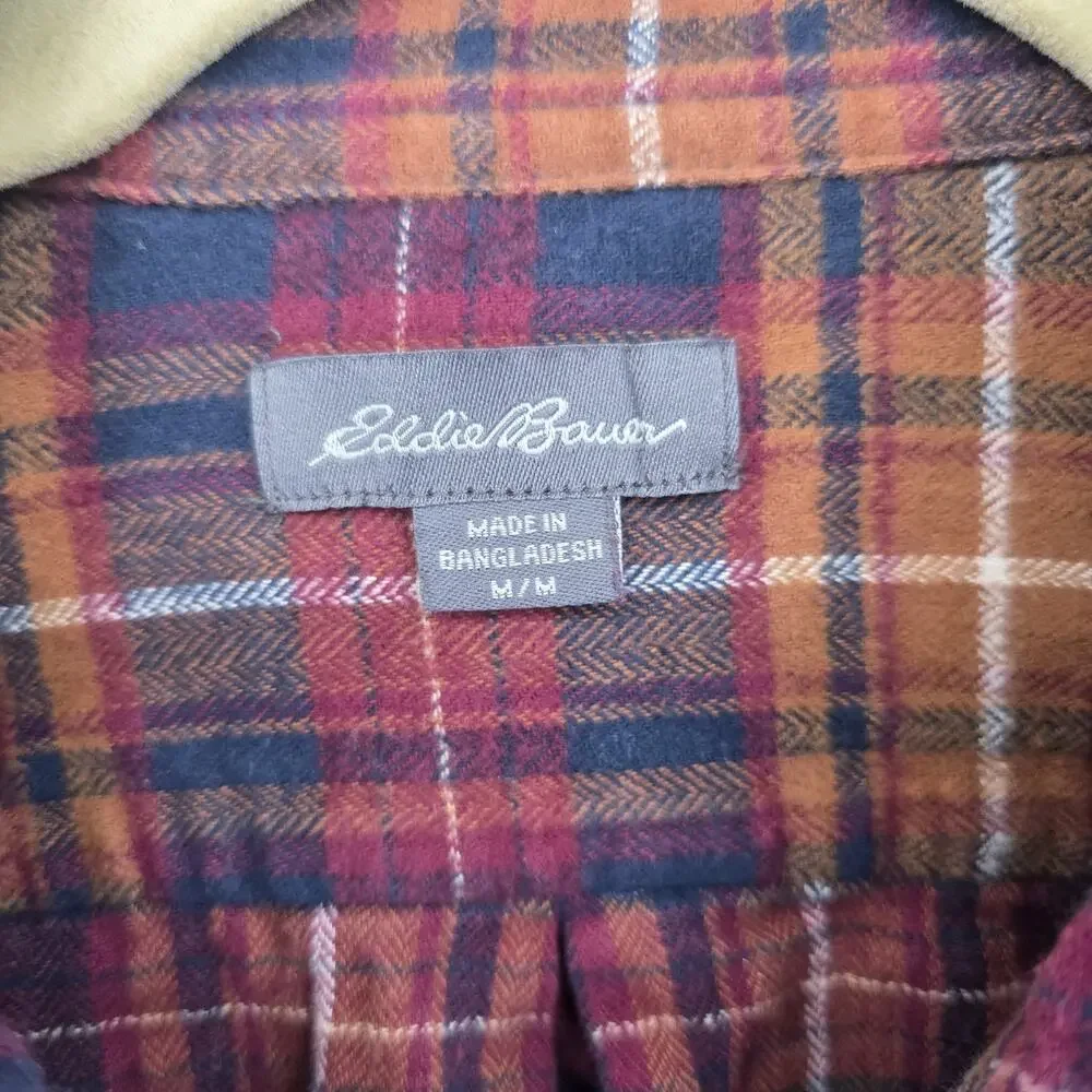 Eddie Bauer Shirt Men's Medium Long Sleeve Button Up Blue Orange Plaid Flannel